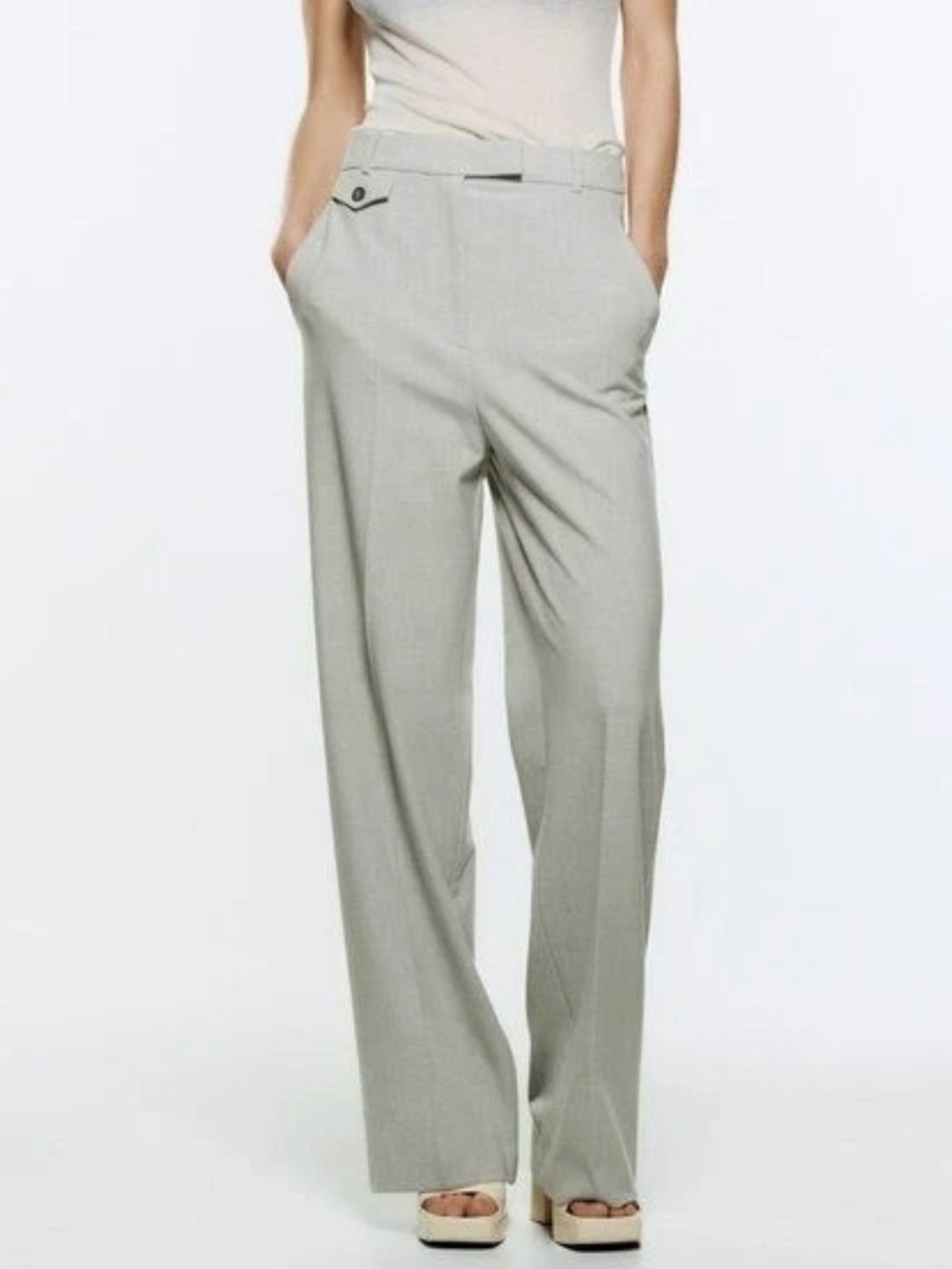 ZARA Light Gray Darted Wide Leg Tailored Trouser Pants Size S Small 1478/037